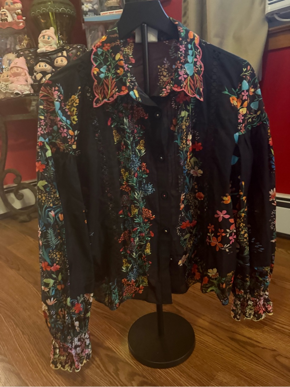 Farm Rio black floral Embroidered Button-Up Blouse